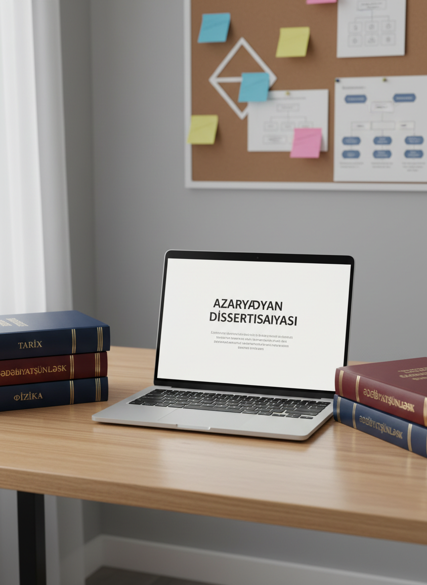 A meticulously organized academic workspace featuring an open laptop displaying a clean, modern dissertation template on a white screen, surrounded by neatly stacked hardbound theses in deep navy and burgundy with gold-foil titles in Azerbaijani. The desk surface is smooth light oak with a subtle grain, positioned against a soft gray wall with a minimalist pinboard holding color-coded sticky notes and printed research diagrams. Soft, diffused daylight from an unseen window to the left casts gentle, professional shadows and clear highlights on the laptop keys. Shot at eye level with a slight angle for depth, sharp focus across the frame. The atmosphere is calm, focused, and highly professional, in a photographic realism style suitable for an academic support center homepage.